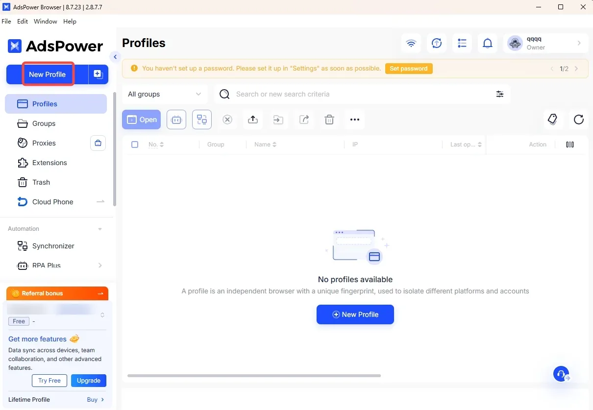 AdsPower New Browser Profile page with the Proxy tab and the Proxy setting row highlighted