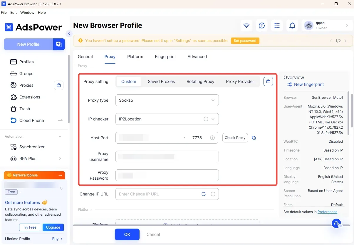 AdsPower proxy block with Proxy type, IP checker, Host:Port, Proxy username and Proxy Password fields in a red frame