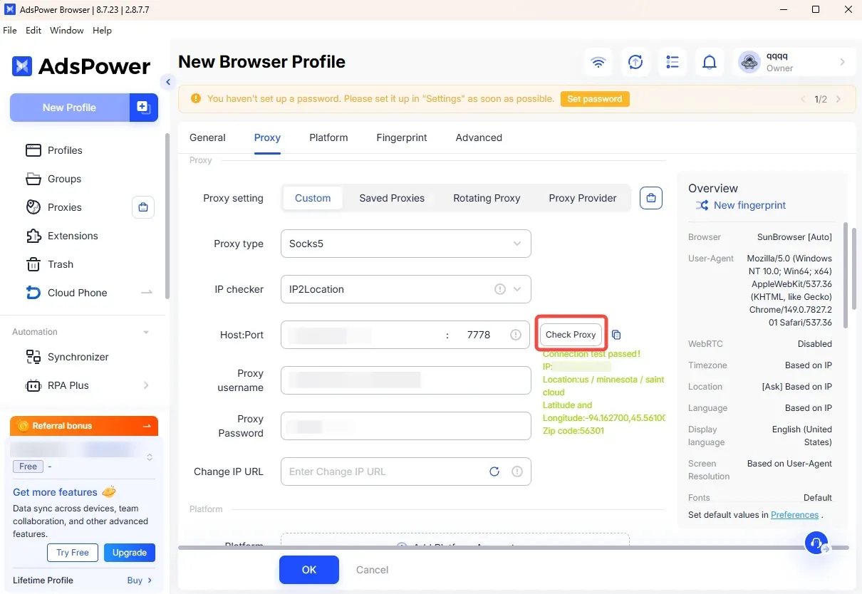 AdsPower Check Proxy button highlighted with a passed connection test showing the exit location