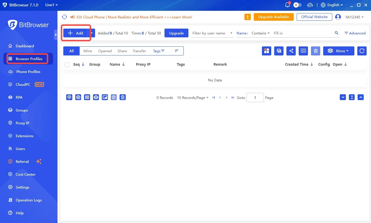 BitBrowser Browser Profiles page with the Add dialog open on the Proxy section