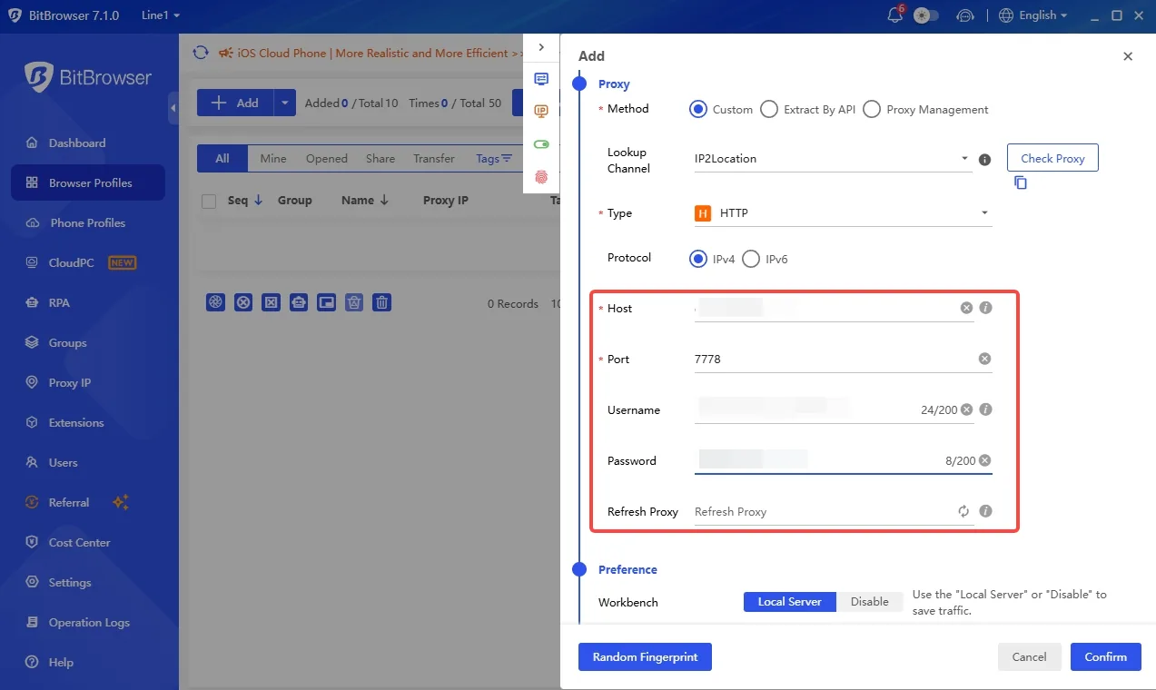 BitBrowser Add dialog with the Host, Port, Username, Password and Refresh Proxy fields framed in red