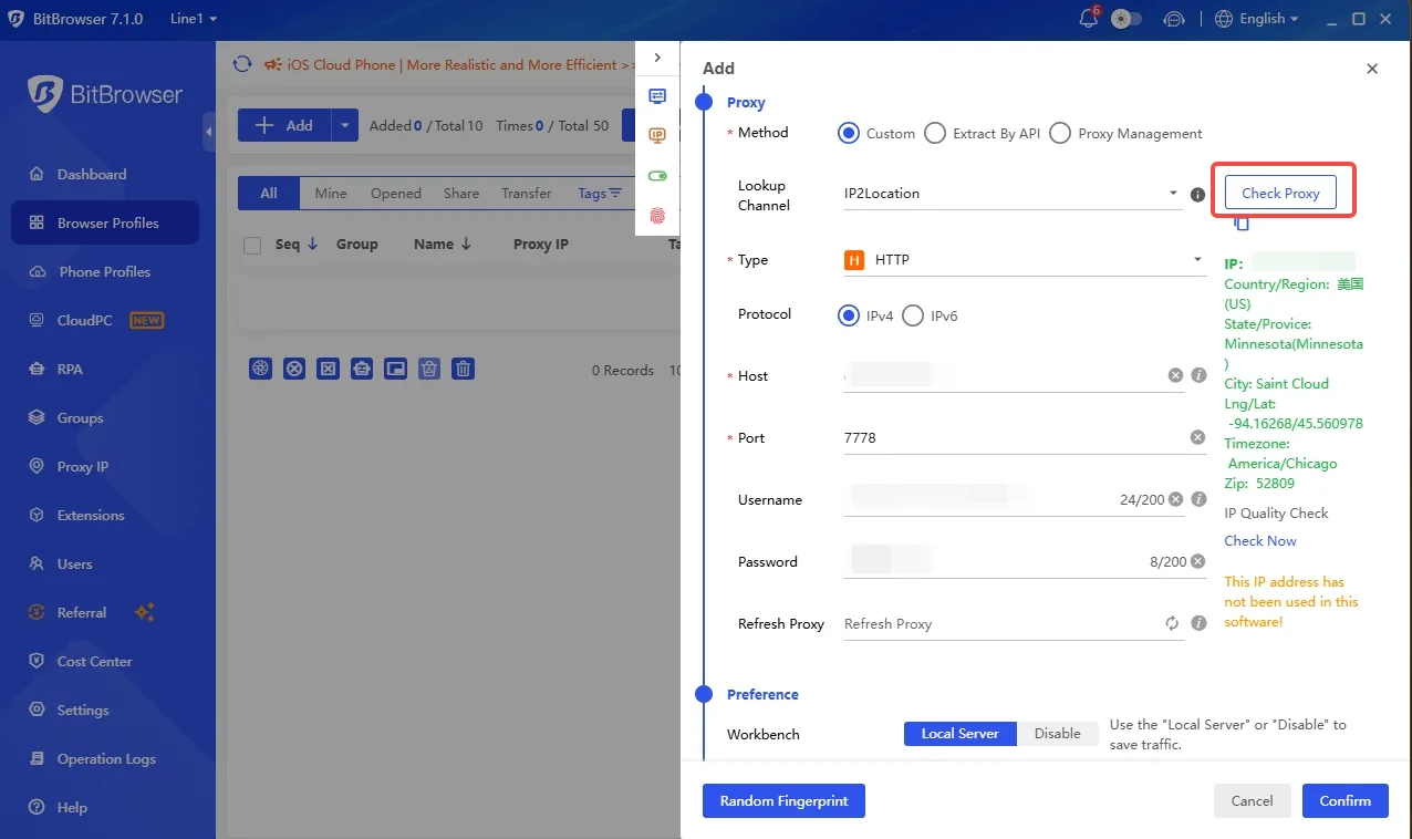 BitBrowser Check Proxy result with the exit IP and its location