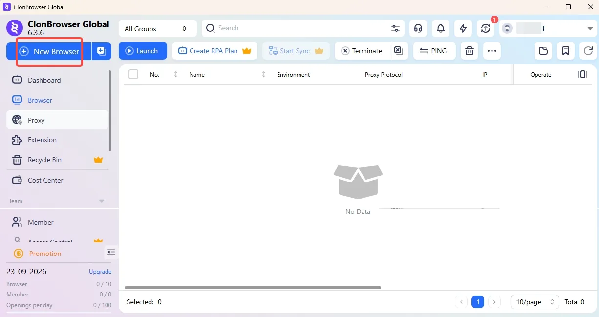 ClonBrowser Browser page with the New Browser button in the top-left corner