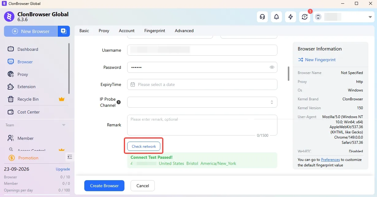 ClonBrowser proxy form filled with protocol, host, port, username and password and the Check network button