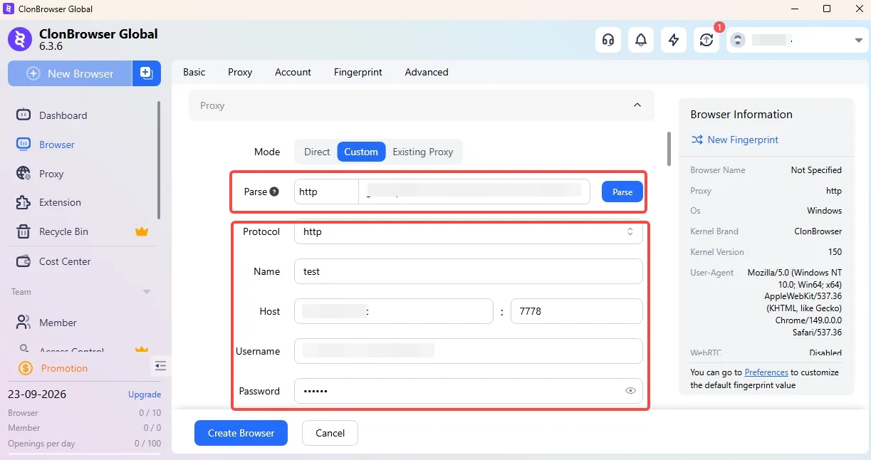 ClonBrowser Proxy tab with Mode set to Custom and the Parse box and proxy fields framed in red