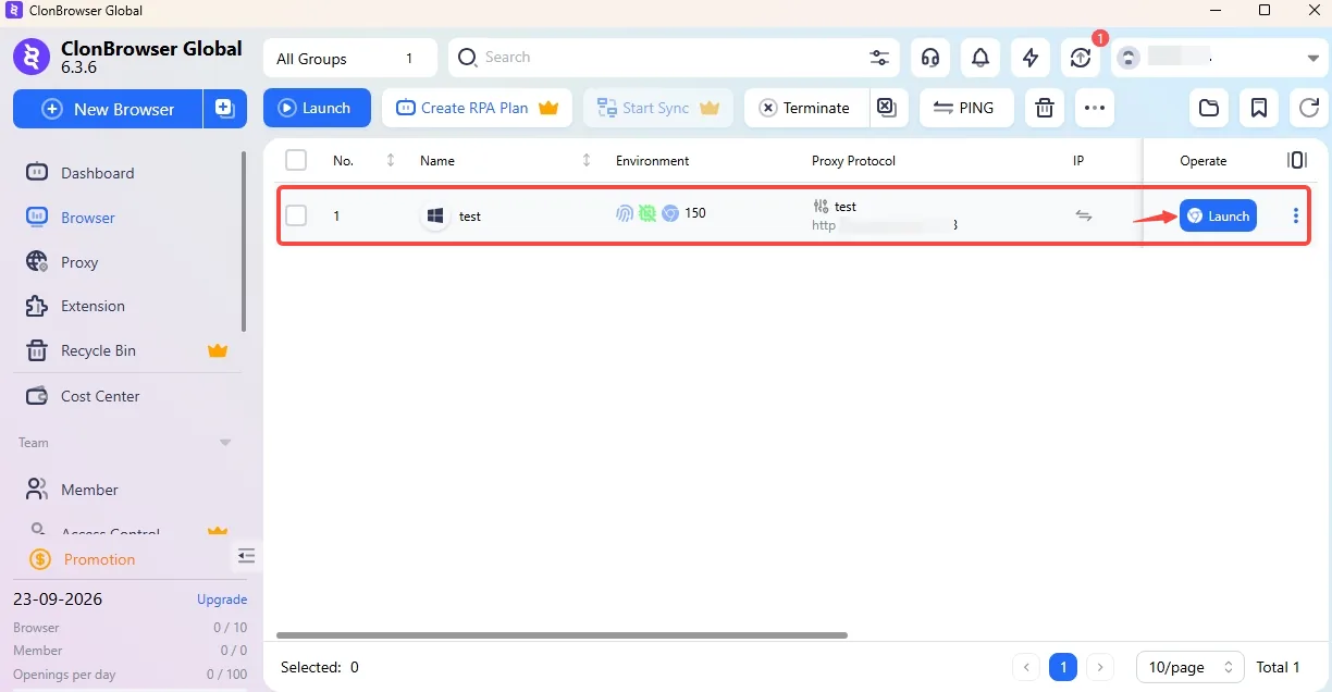 ClonBrowser browser list after the profile with the proxy was created