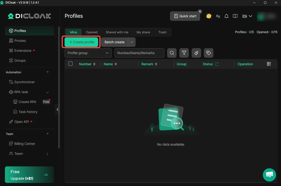 DICloak Create profile page with the Custom Proxy option highlighted
