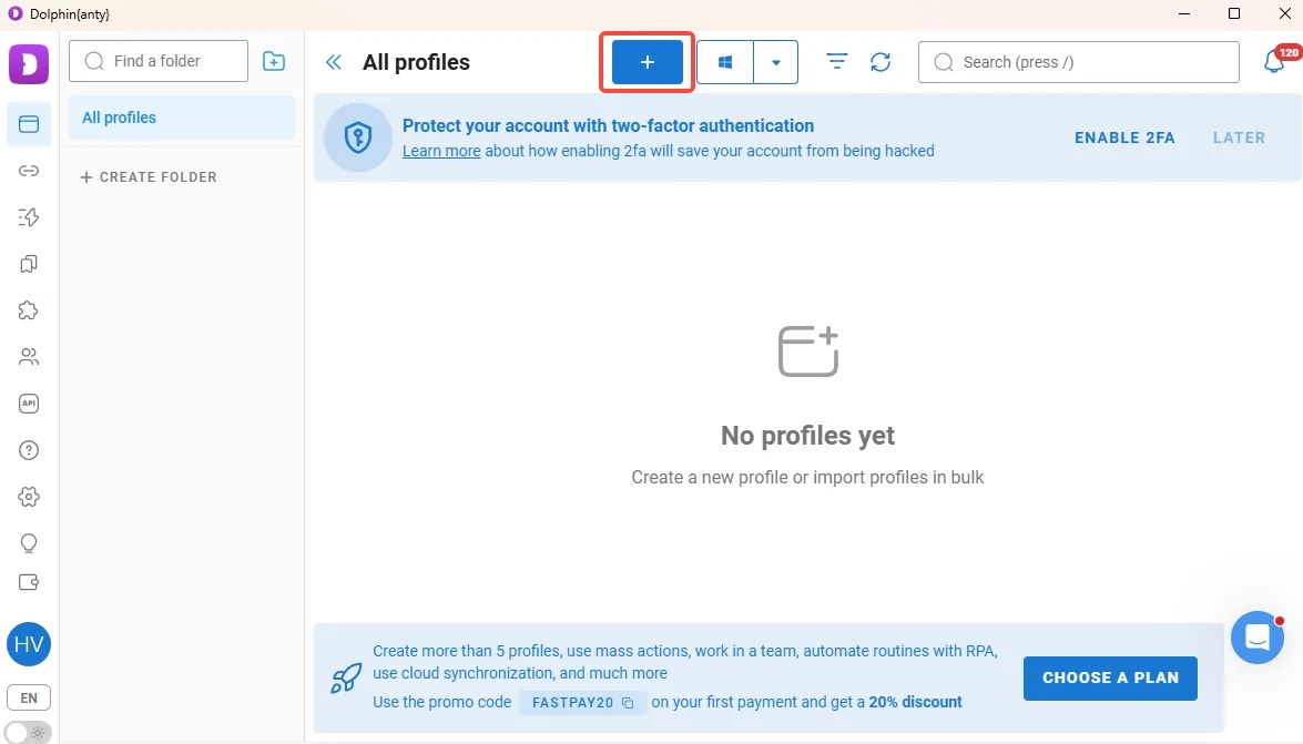 Dolphin Anty New profile dialog on the General tab with the Proxy block visible