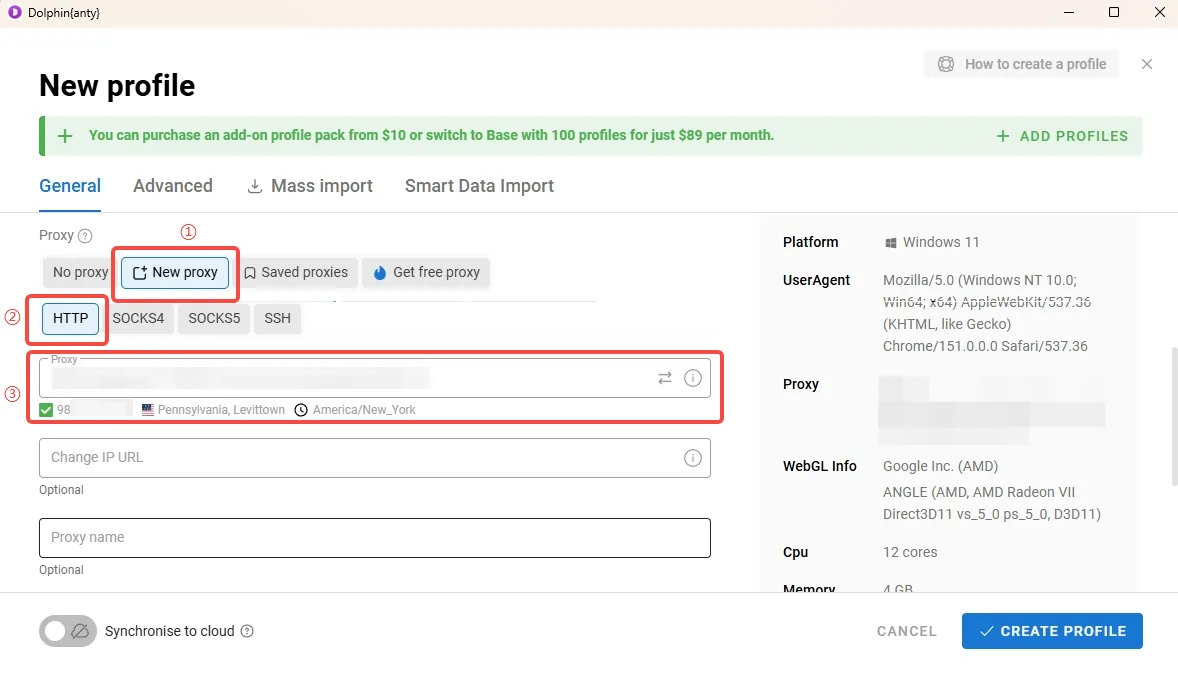 Dolphin Anty proxy block with New proxy, the HTTP tab and the Proxy line field numbered one to three