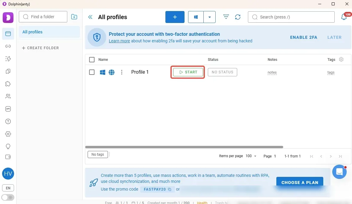 Dolphin Anty profile list with the new profile and its Start button