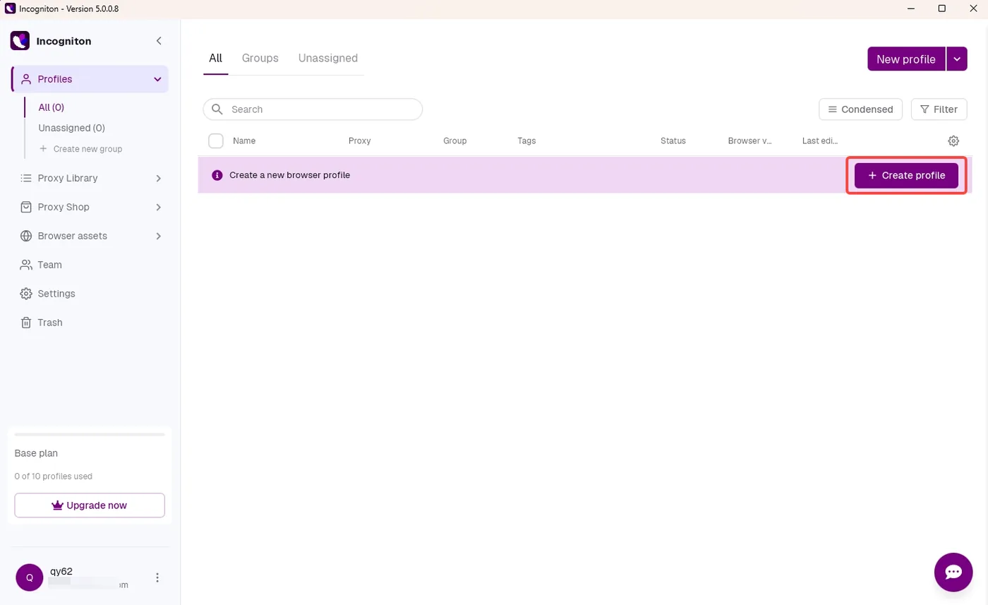 Incogniton Profiles page with the Create profile button and the new profile dialog