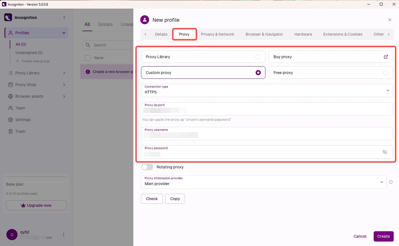 Incogniton Proxy tab with Custom proxy selected and the Connection type, Proxy ip:port, username and password fields framed