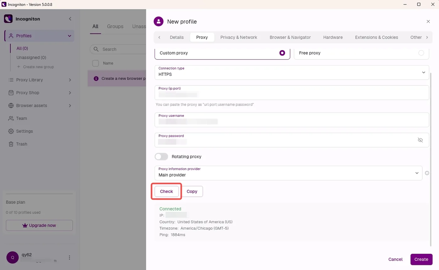 Incogniton proxy check result showing Connected with the exit IP and country