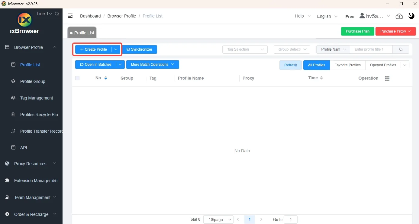 ixBrowser Profile List page with the Create Profile dialog open