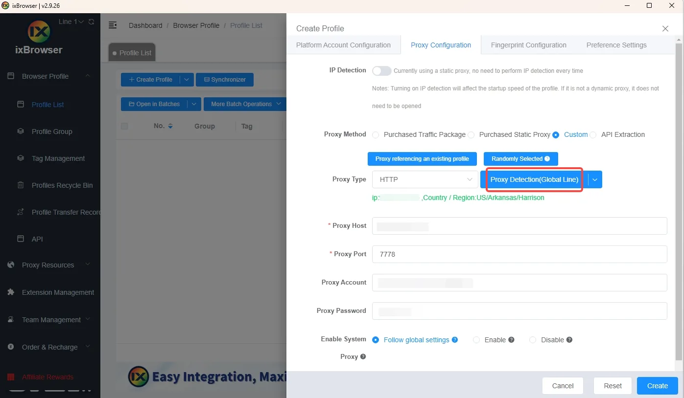 ixBrowser proxy fields Proxy Type, Proxy Host, Proxy Port, Proxy Account and Proxy Password framed in red