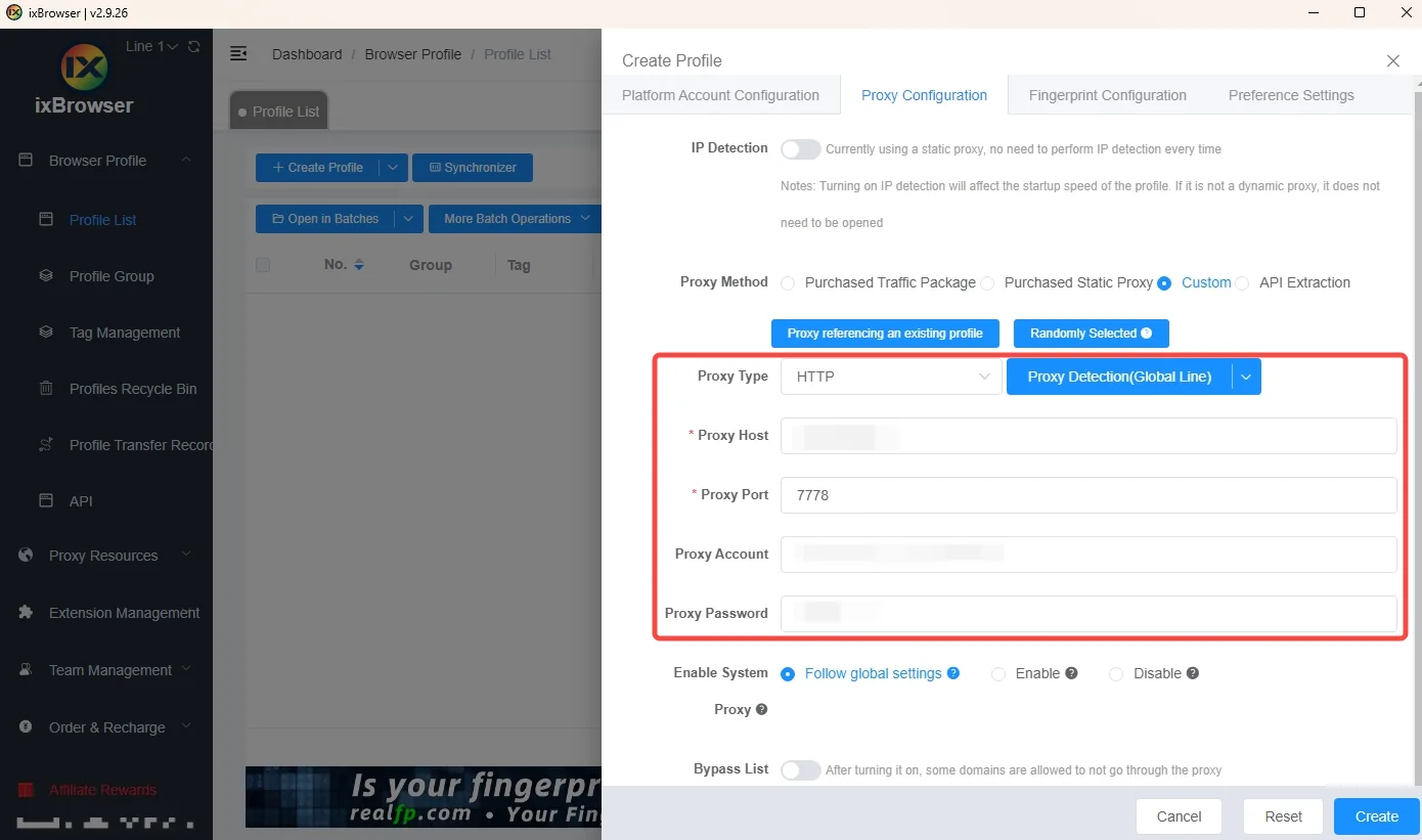 ixBrowser Proxy Configuration tab with Proxy Method set to Custom