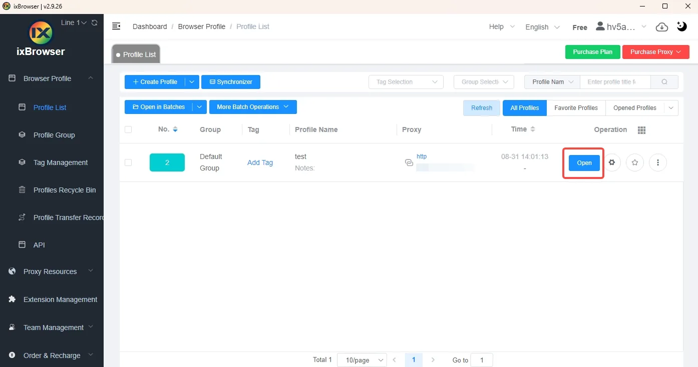 ixBrowser Profile List with the created profile and its Open button