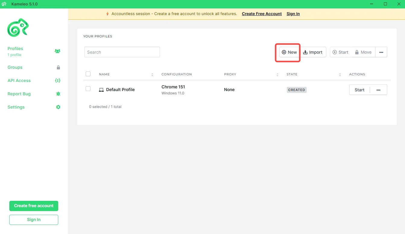 Kameleo new profile page with device, OS, browser and the Proxy row