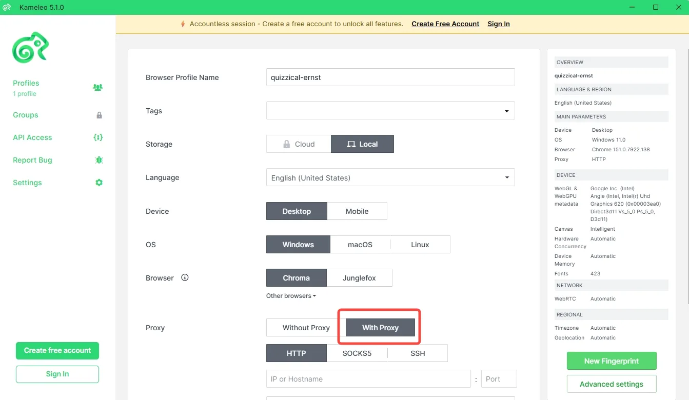 Kameleo profile page with the Proxy row switched to With Proxy