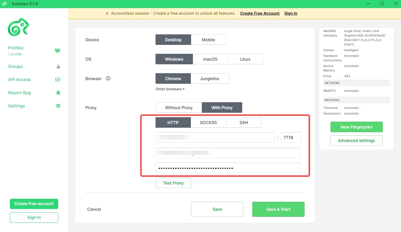 Kameleo proxy block with the HTTP tab selected and the host, port, username and password boxes framed