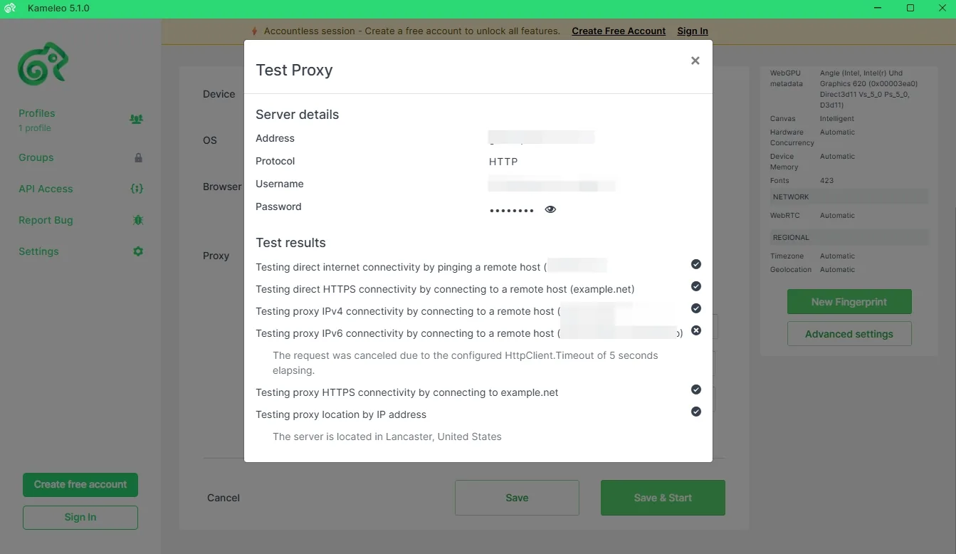 Kameleo Test Proxy dialog with the connectivity checks and the detected exit location