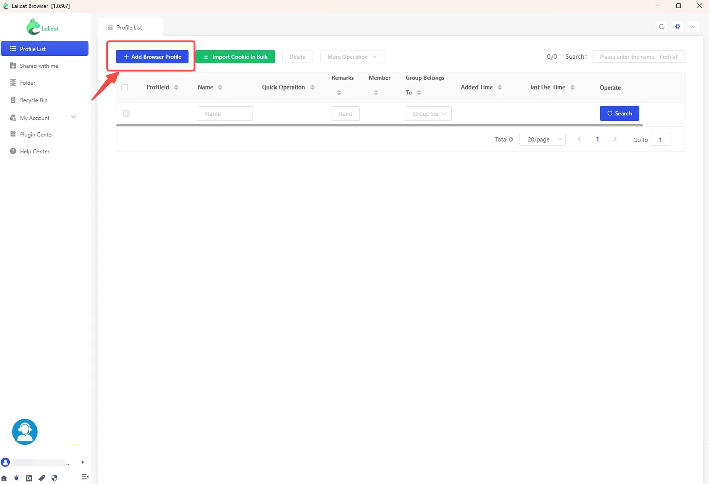 Lalicat Add Browser Profile form with the basic configuration tab
