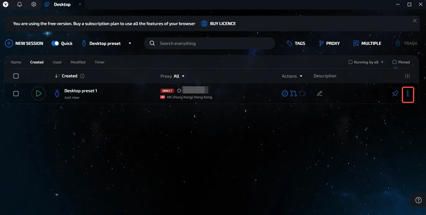 Linken Sphere session row menu with the Set proxy entry
