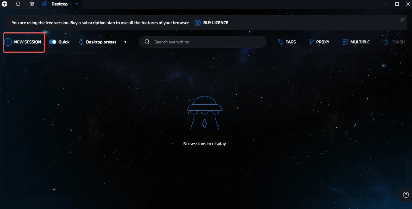 Linken Sphere desktop with the NEW SESSION button and the session list