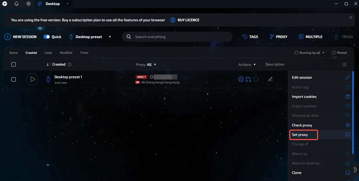 Linken Sphere Set proxy page with the NEW PROXY button