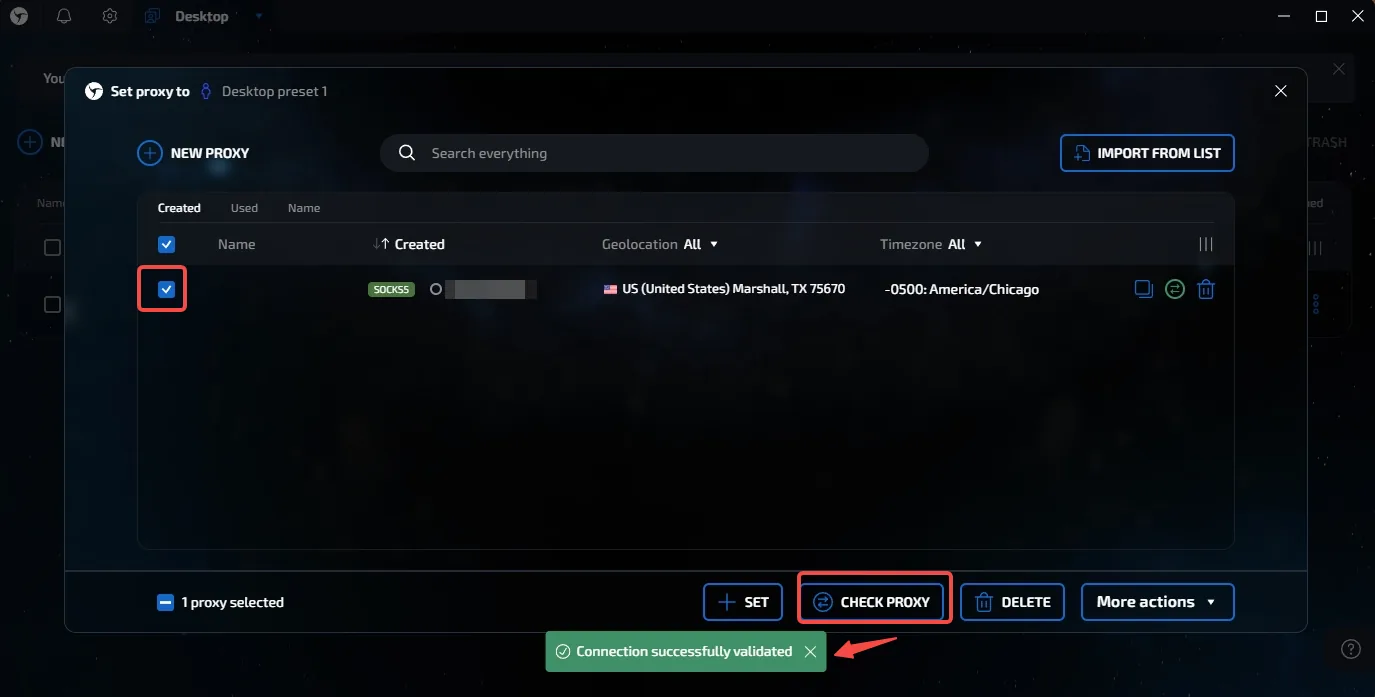 Linken Sphere proxy list showing the checked proxy with its location