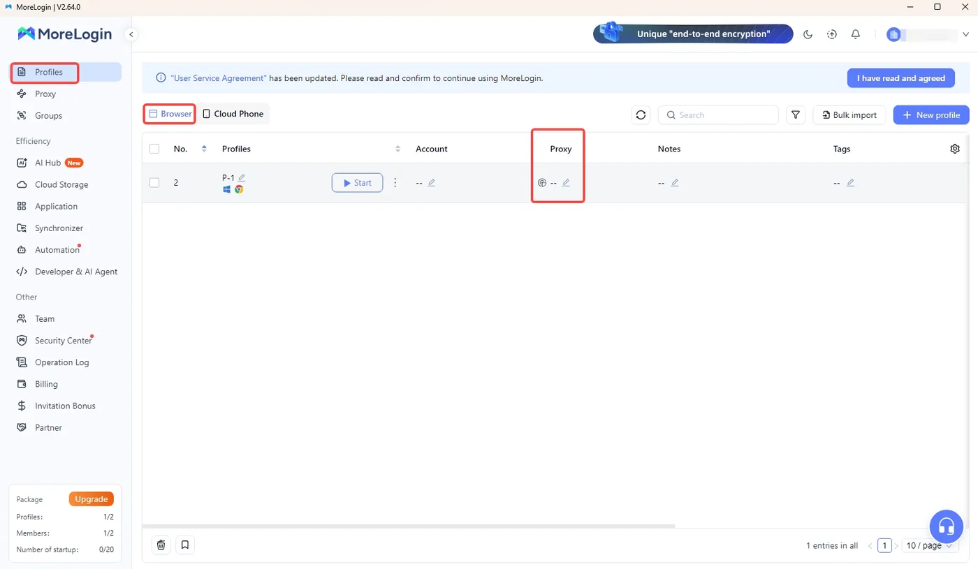 MoreLogin Profiles page with the browser list and the proxy edit icon