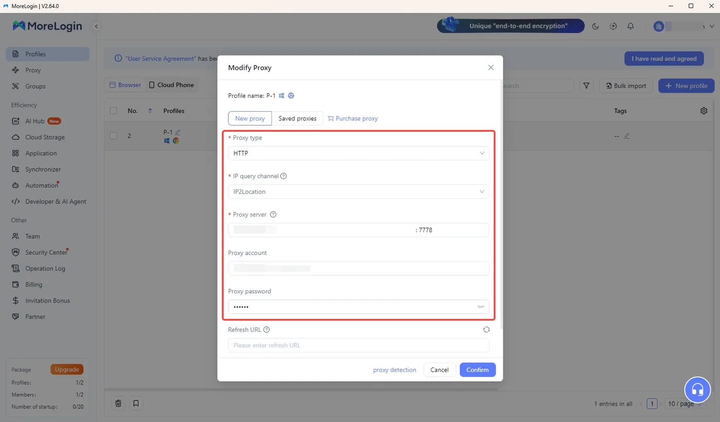MoreLogin Modify Proxy fields Proxy type, Proxy server, Proxy account and Proxy password framed in red