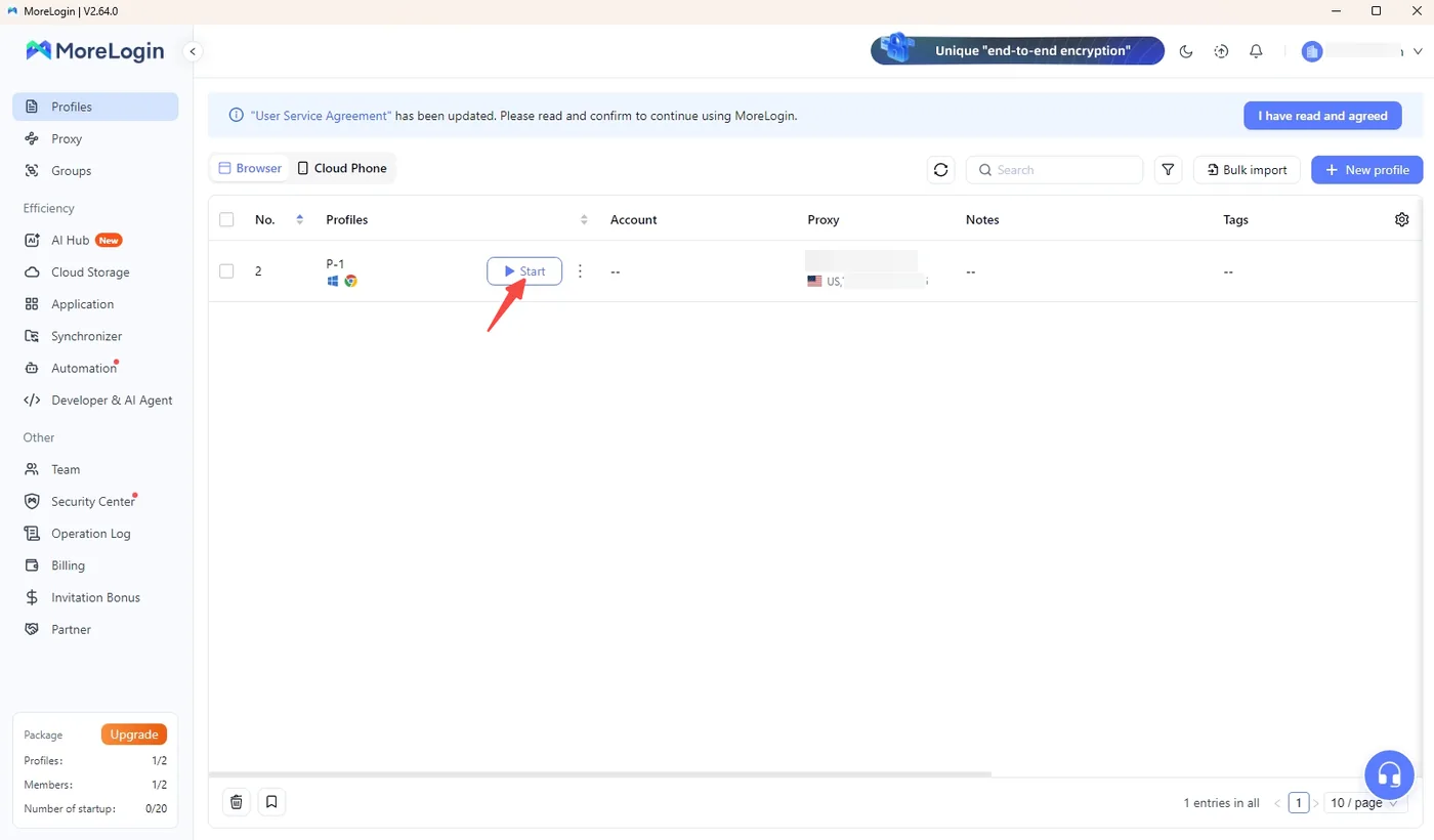 MoreLogin profile list with the saved proxy and the Start button