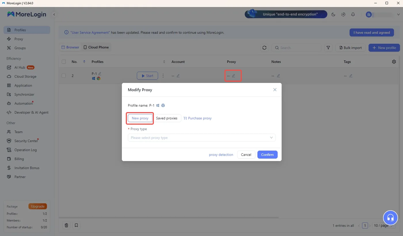 MoreLogin Modify Proxy window with the New proxy tab selected