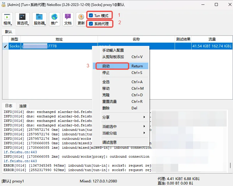 NekoBox with the node started and the system proxy enabled
