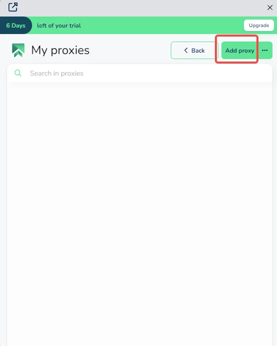 SessionBox One My proxies page with the Add proxy button