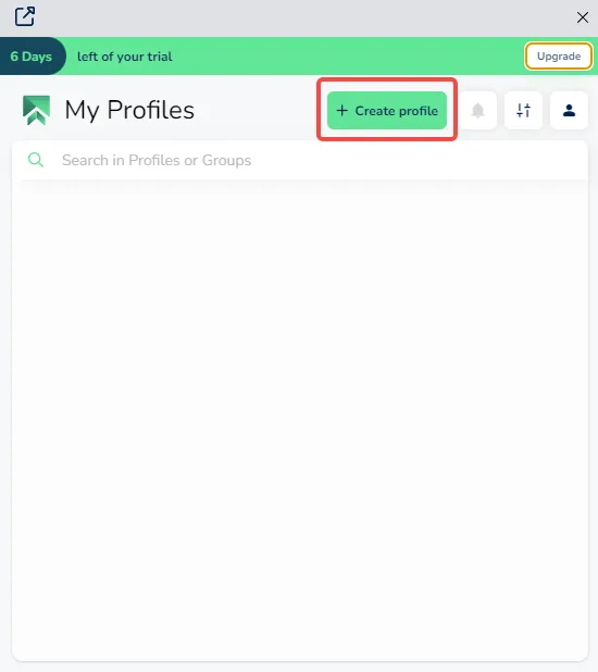 SessionBox One Create profile panel with name, group and colour fields