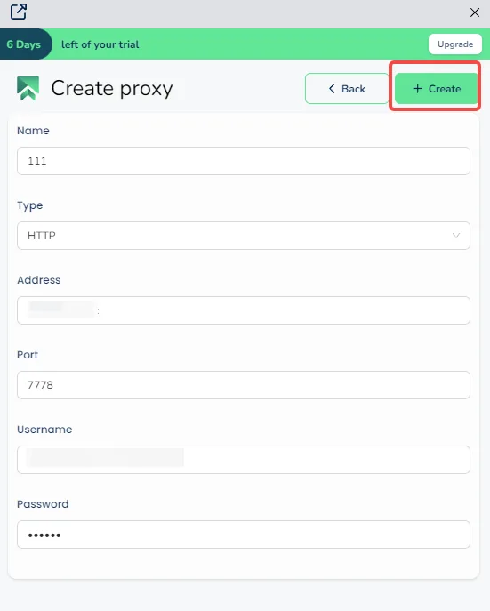 SessionBox One Create proxy form with Type, Address, Port, Username and Password and the Create button