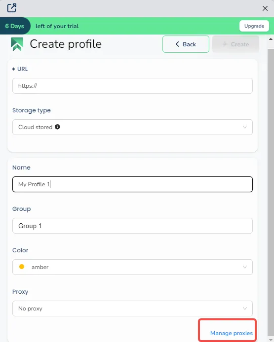 SessionBox One profile panel with the Manage proxies link