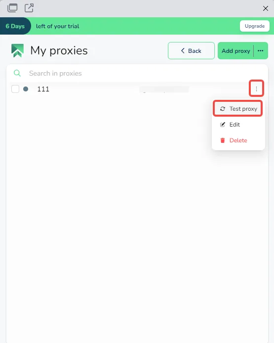 SessionBox One proxy list with the test action on the saved proxy