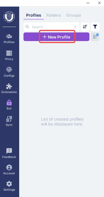 Undetectable new profile panel with the name field and the proxy settings icon numbered