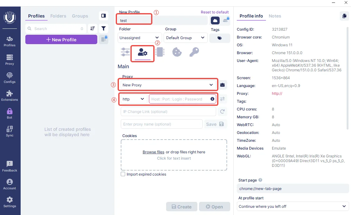 Undetectable proxy block with New Proxy selected, the http protocol and the Host:Port:Login:Password field