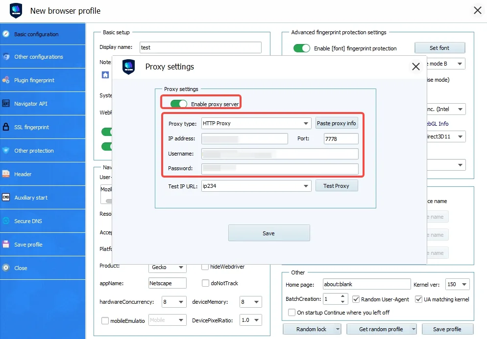 VMLogin Proxy settings with Proxy type, IP address, Port, Username and Password framed in red