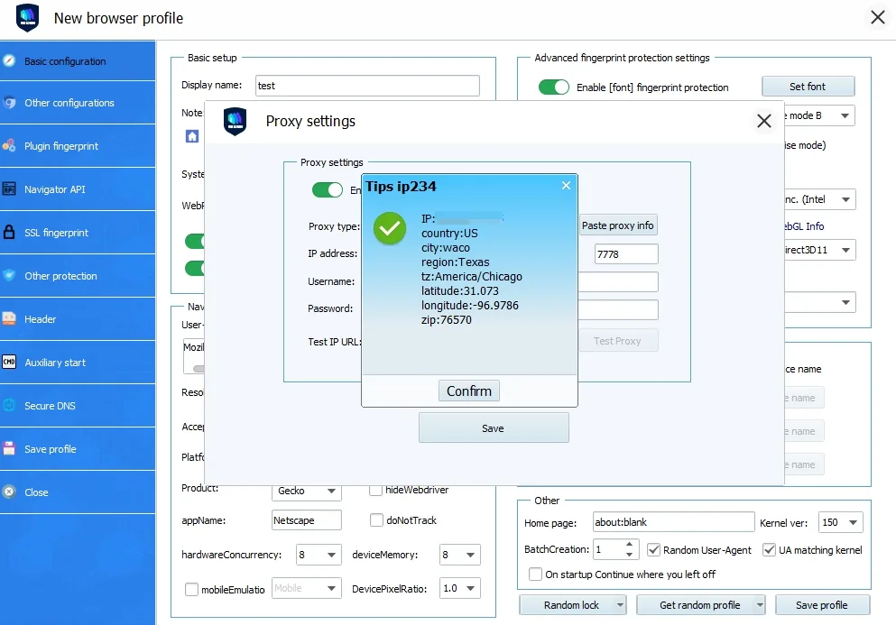 VMLogin Test Proxy result with the exit IP and its location