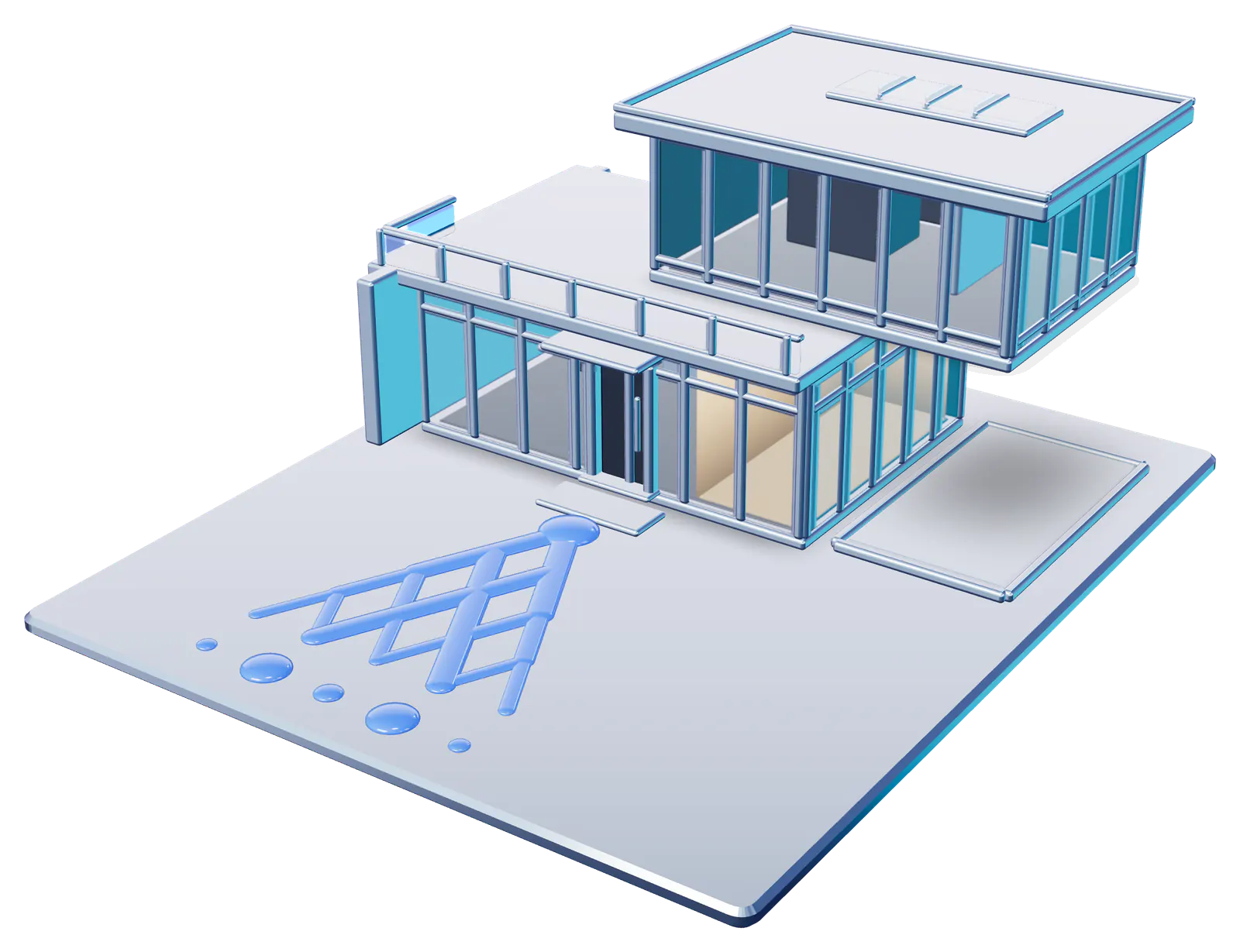 Architectural model of a glass and chrome house with one warm lit room, the QuantumProxies mark inlaid in blue glass on its base and a small hydrogen orbital beside it: Residential proxies