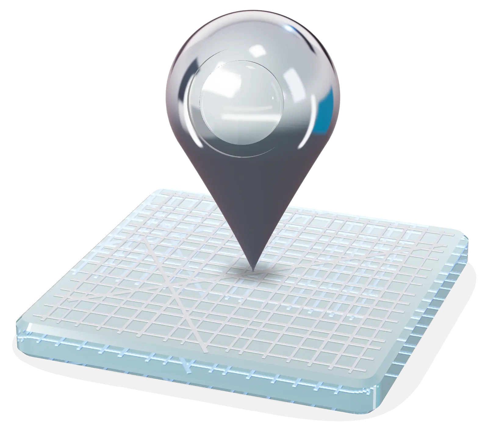 Chrome map pin standing on a glass tile engraved with a street grid: one dedicated ISP proxy IP in one fixed location