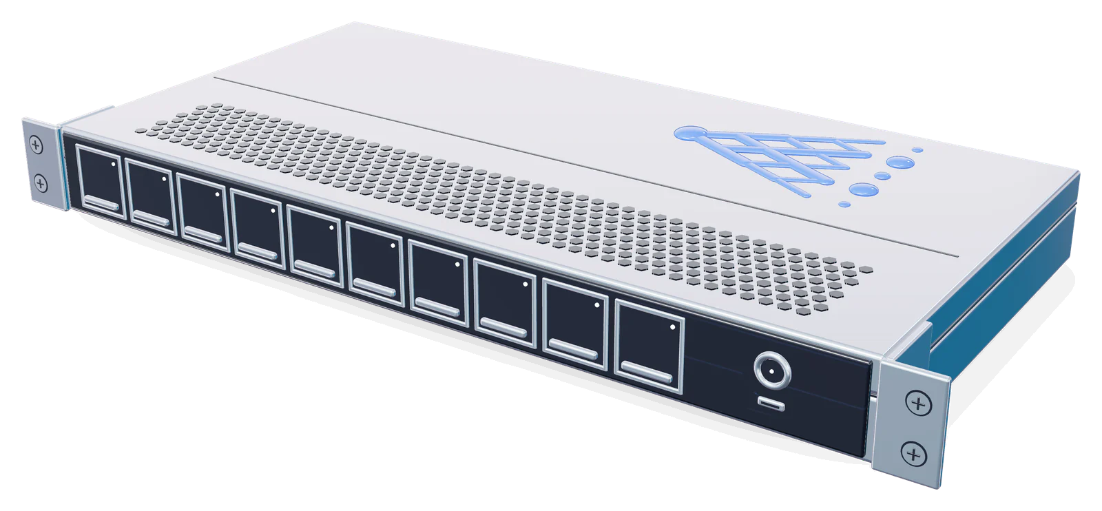 Chromowany serwer rack 1U z dziesięcioma kieszeniami na dyski hot-swap, frontem z przydymionego szkła i znakiem QuantumProxies z niebieskiego szkła w pokrywie: proxy centrum danych